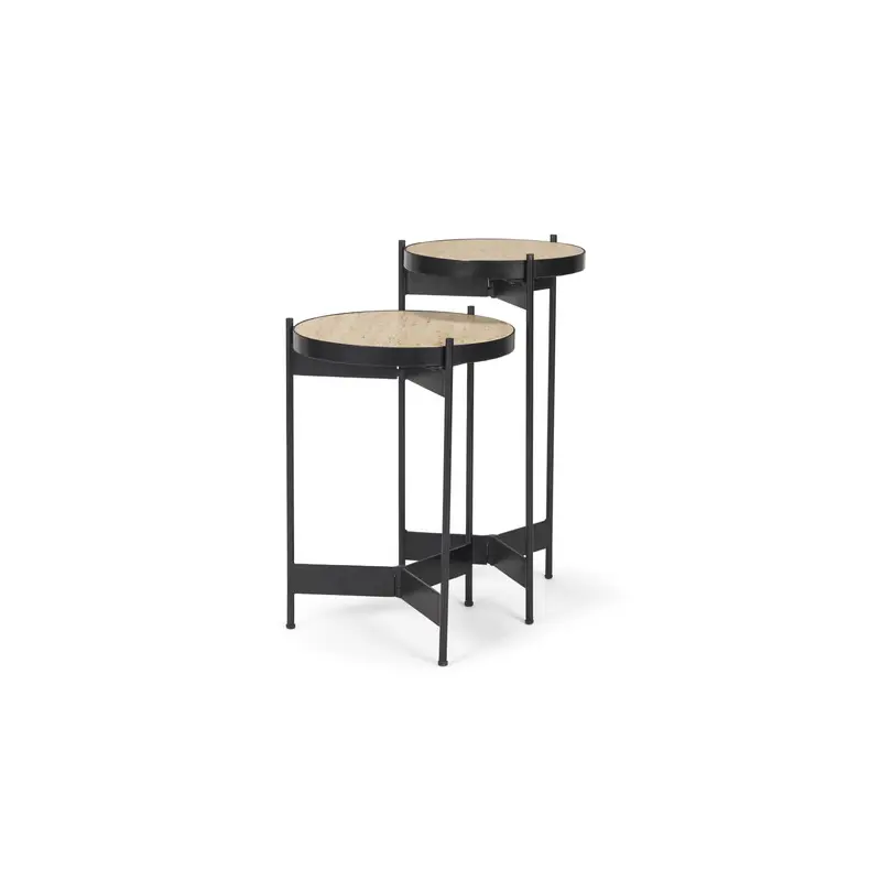 Wade Travertine Marble w/ Matte Black Metal End Tables