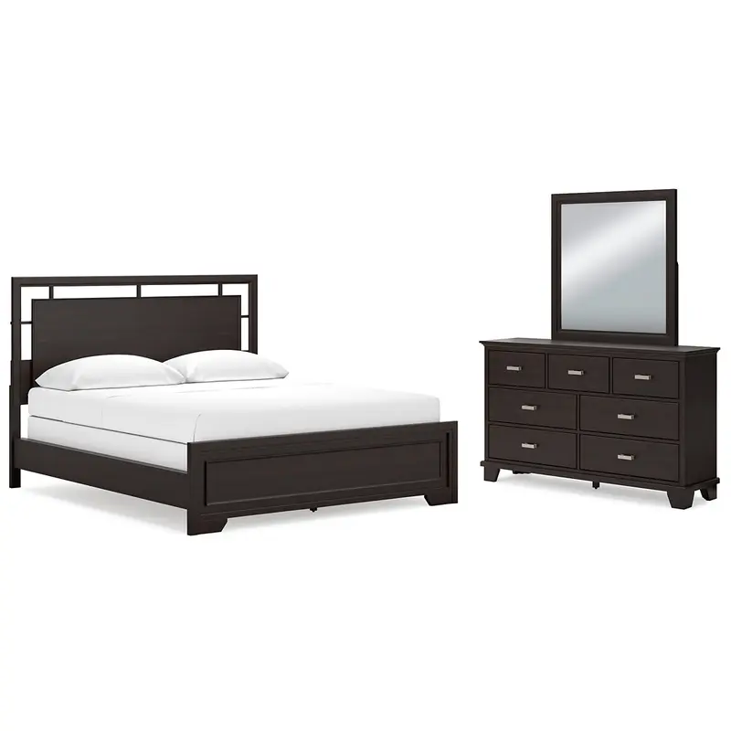 Covetown California King Panel Bed with Mirrored Dresser