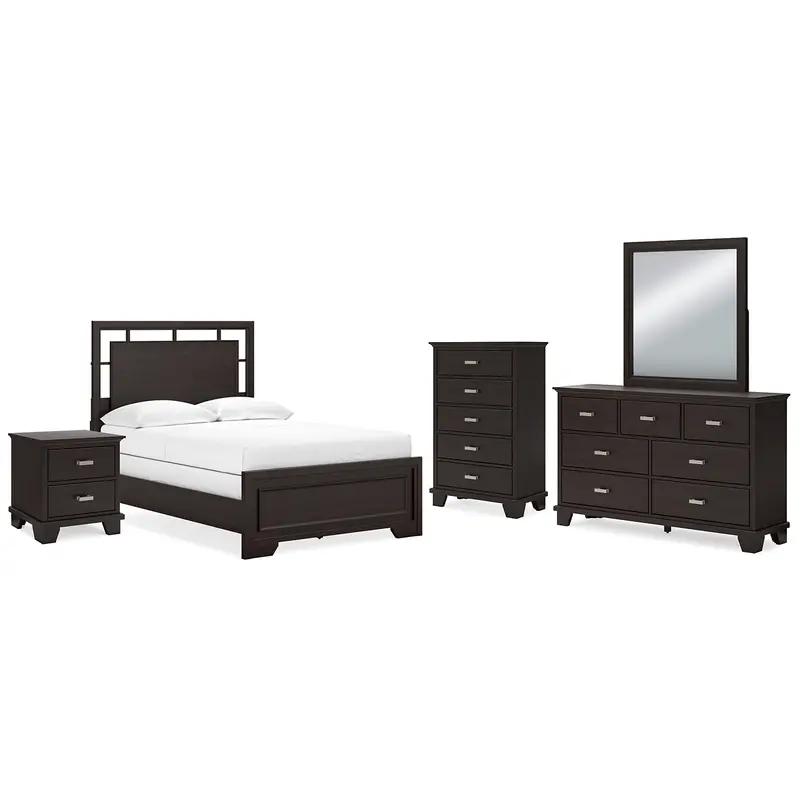 Covetown Full Panel Bed with Mirrored Dresser, Chest and Nightstand