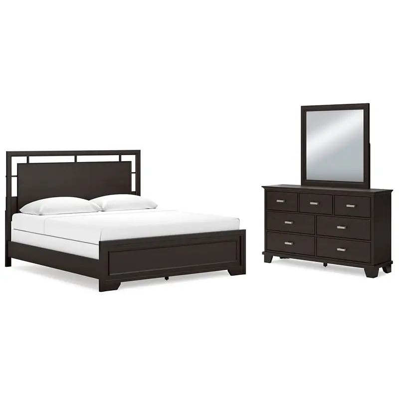 Covetown King Panel Bed with Mirrored Dresser