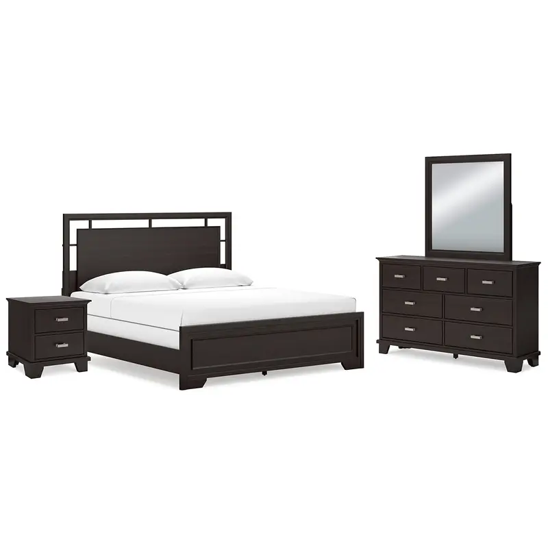 Covetown King Panel Bed with Mirrored Dresser and Nightstand