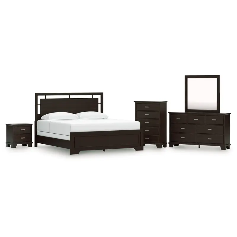 Covetown King Panel Bed with Mirrored Dresser, Chest and Nightstand