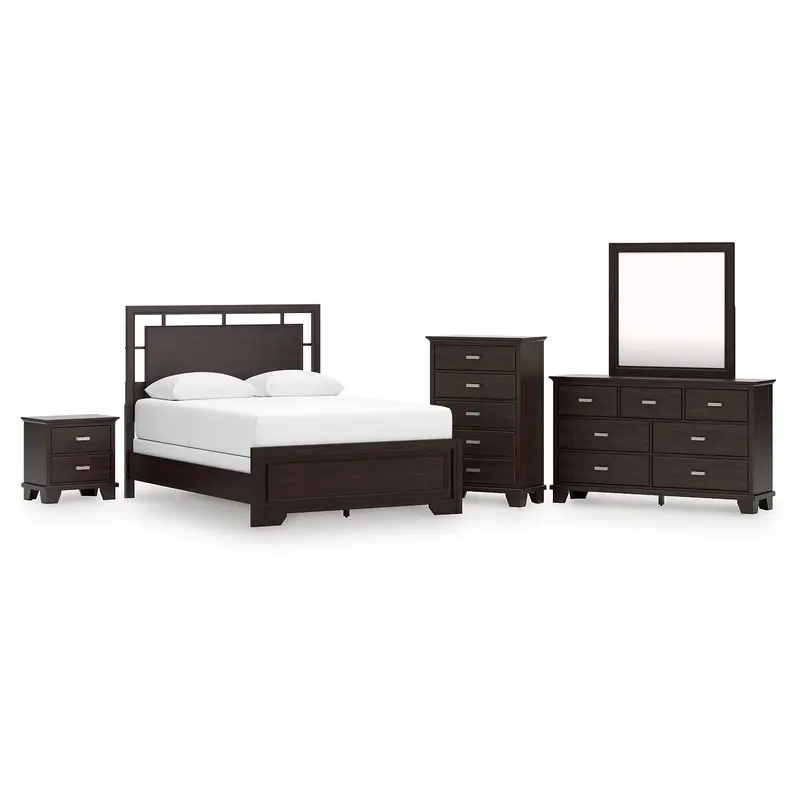 Covetown Queen Panel Bed with Mirrored Dresser, Chest and Nightstand