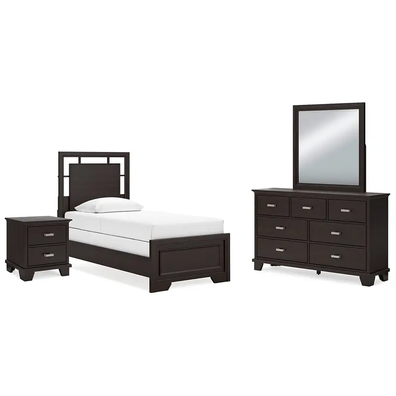 Covetown Twin Panel Bed with Mirrored Dresser and Nightstand