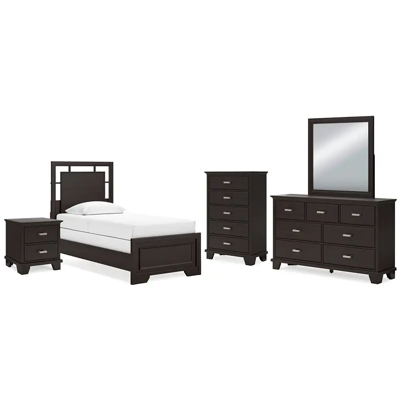 Covetown Twin Panel Bed with Mirrored Dresser, Chest and Nightstand