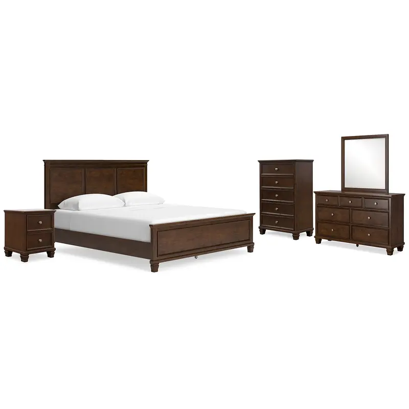 Danabrin California King Panel Bed with Mirrored Dresser, Chest and Nightstand