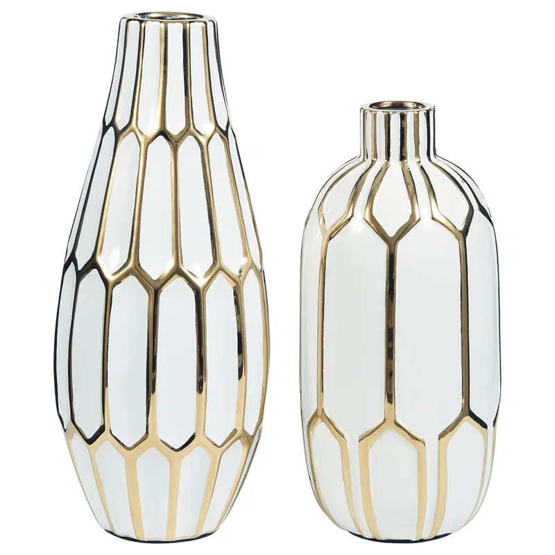 Mohsen - Vase Set (Set of 2) - Gold Finish / White