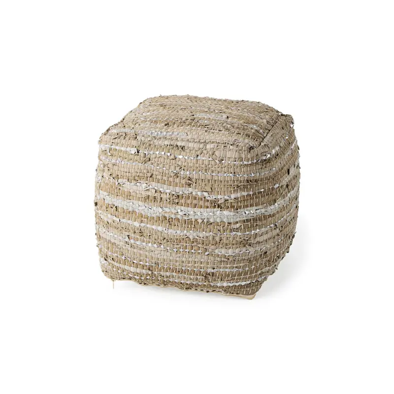 Aadhya Taupe/Silver Leather and Cotton Pouf