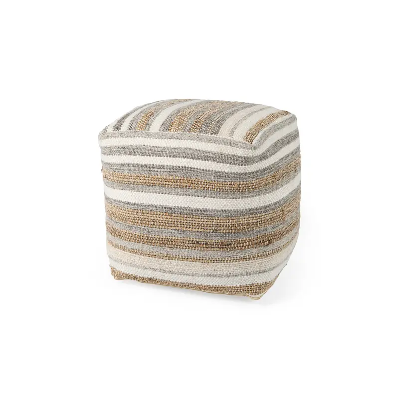 Aahana White/Taupe/Gray Striped Hemp and Cotton Pouf