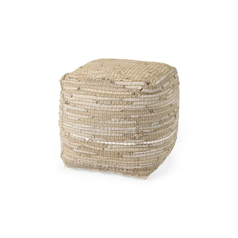 Aalia Beige Leather and Jute Pouf