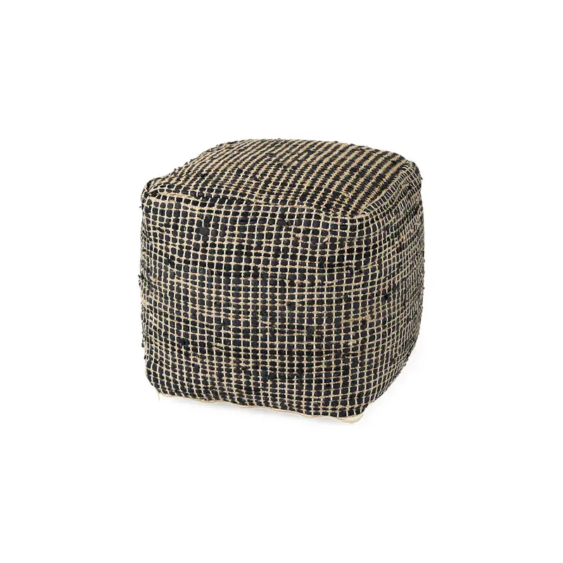 Aalia Charcoal Leather and Jute Pouf