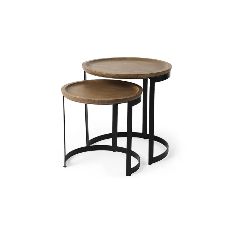 Aisley (Set of 2) Light Brown Wood W/ Black Metal Base Round Nesting Side Tables