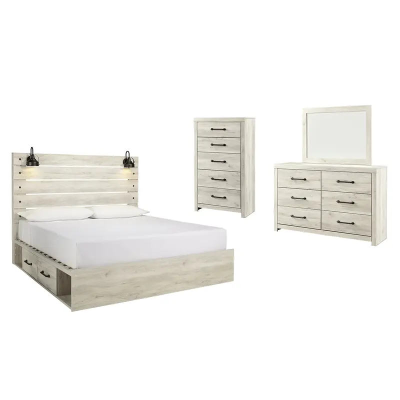 Cambeck King Panel Bed with 2 Storage Drawers with Mirrored Dresser, Chest and Nightstand