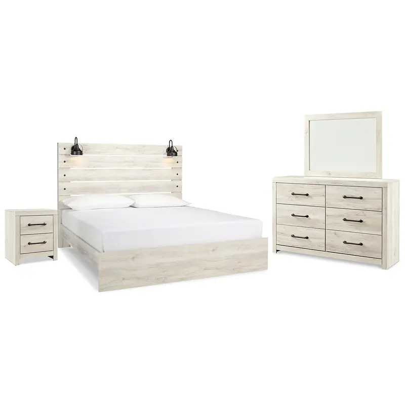 Cambeck King Panel Bed with Mirrored Dresser and Nightstand