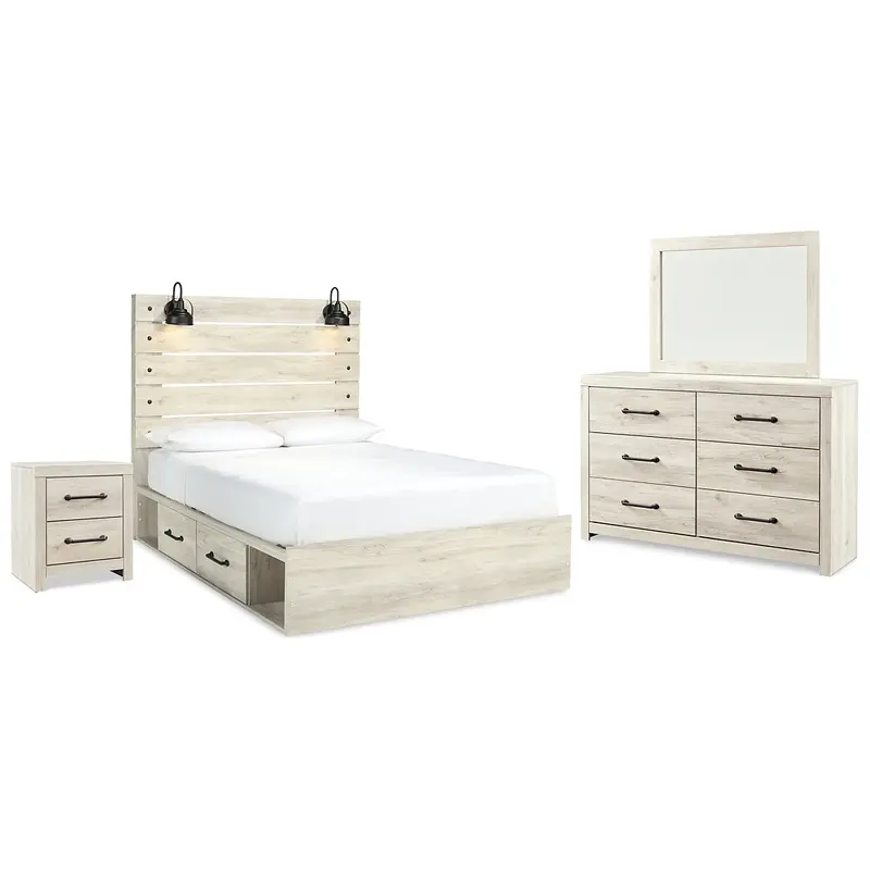 Cambeck Queen Panel Bed with 2 Storage Drawers with Mirrored Dresser and Nightstand