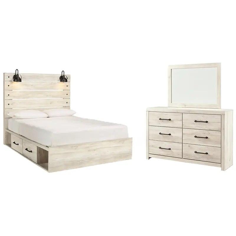 Cambeck Queen Panel Bed with 4 Storage Drawers with Mirrored Dresser
