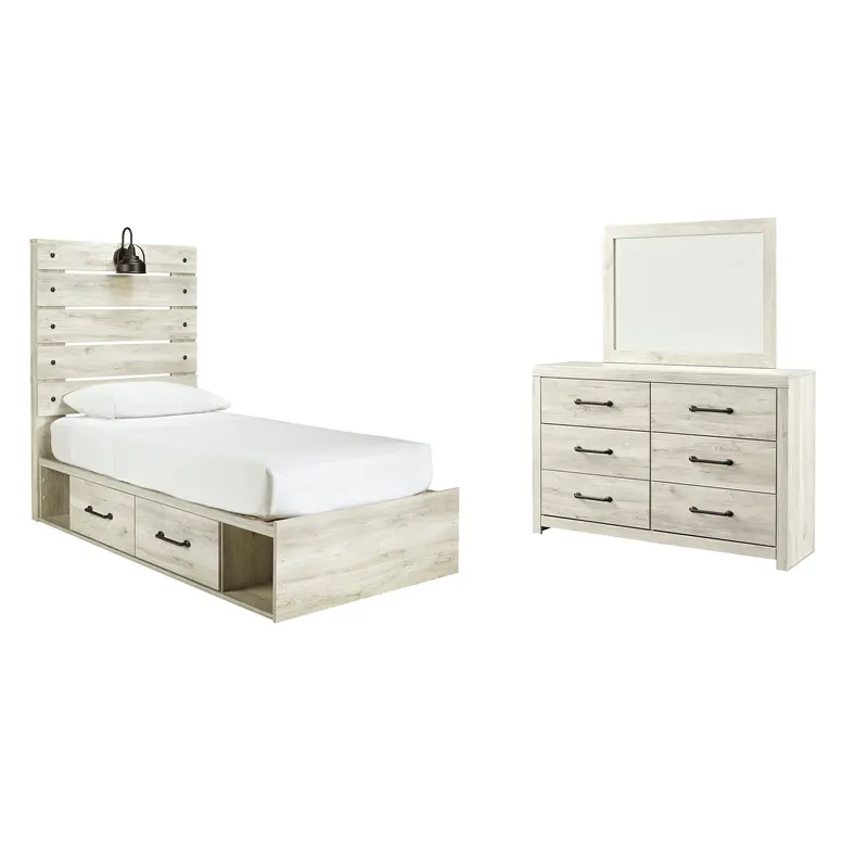 Cambeck Twin Panel Bed with 4 Storage Drawers with Mirrored Dresser