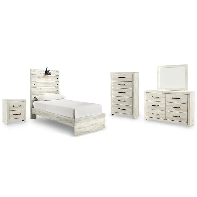 Cambeck Twin Panel Bed with Mirrored Dresser, Chest and Nightstand