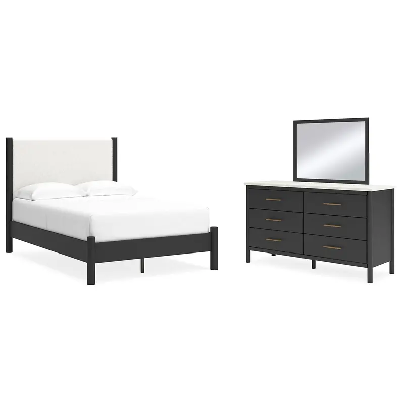 Cadmori Full Upholstered Panel Bed with Mirrored Dresser