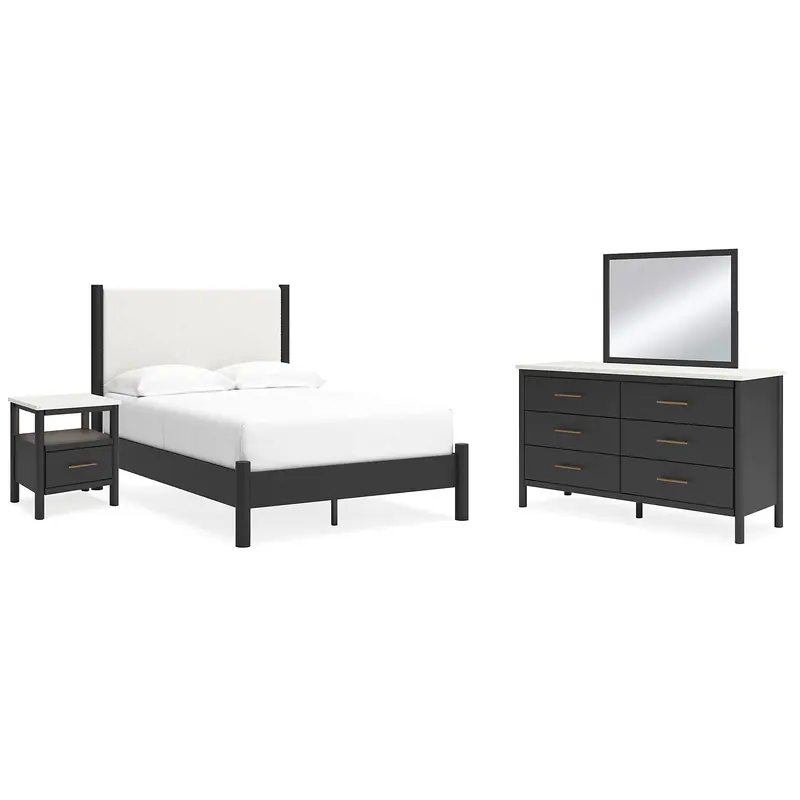 Cadmori Full Upholstered Panel Bed with Mirrored Dresser and Nightstand