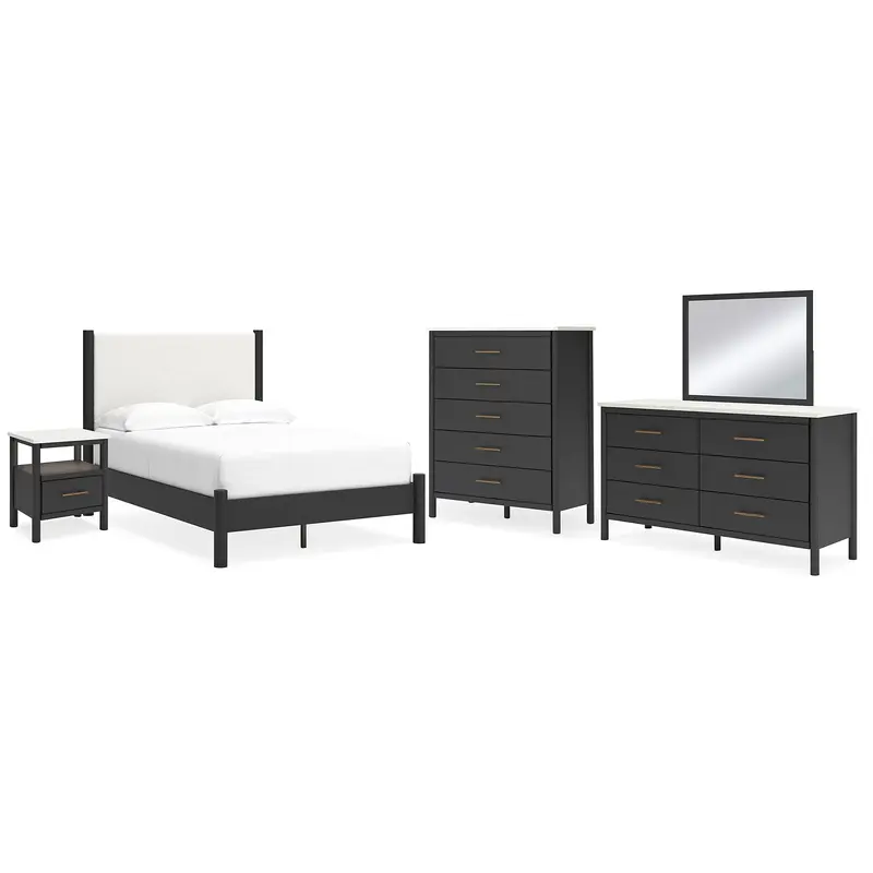 Cadmori Full Upholstered Panel Bed with Mirrored Dresser, Chest and Nightstand