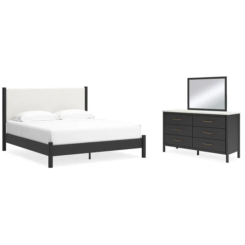 Cadmori King Upholstered Panel Bed with Mirrored Dresser