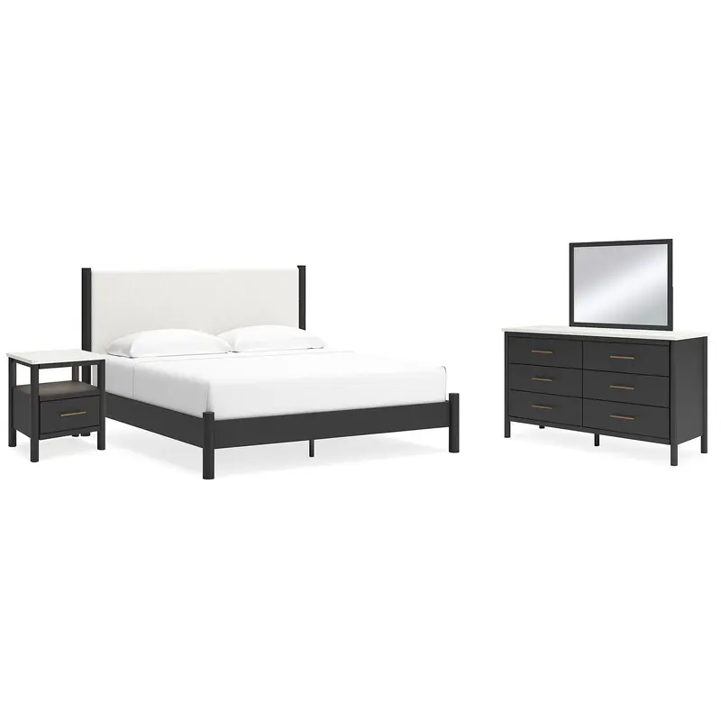 Cadmori King Upholstered Panel Bed with Mirrored Dresser and Nightstand