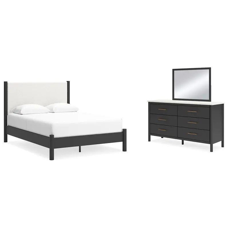 Cadmori Queen Upholstered Panel Bed with Mirrored Dresser