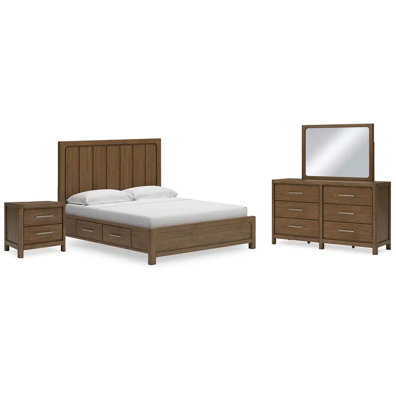 Cabalynn California King Panel Bed with Storage with Mirrored Dresser and Nightstand