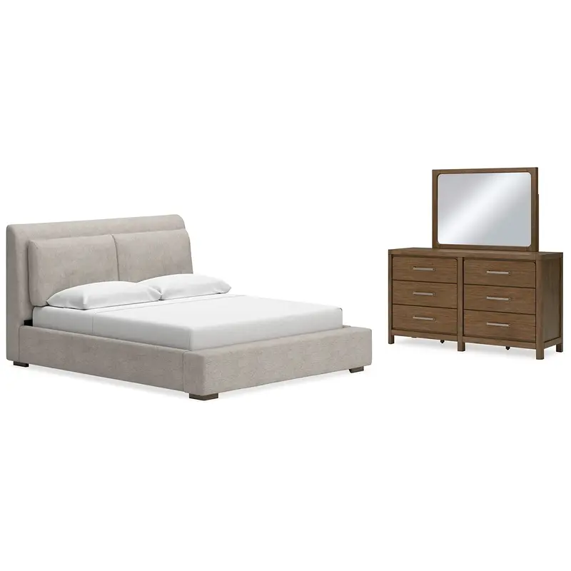 Cabalynn California King Upholstered Bed with Mirrored Dresser