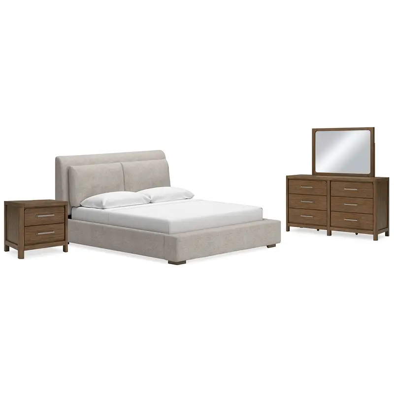 Cabalynn California King Upholstered Bed with Mirrored Dresser and Nightstand