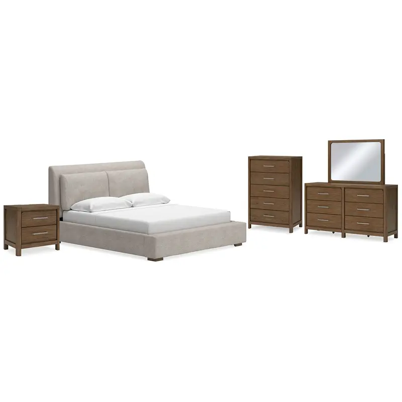 Cabalynn California King Upholstered Bed with Mirrored Dresser, Chest and Nightstand