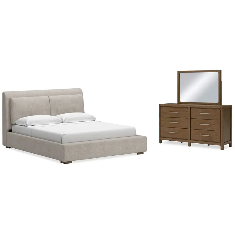 Cabalynn King Upholstered Bed with Mirrored Dresser