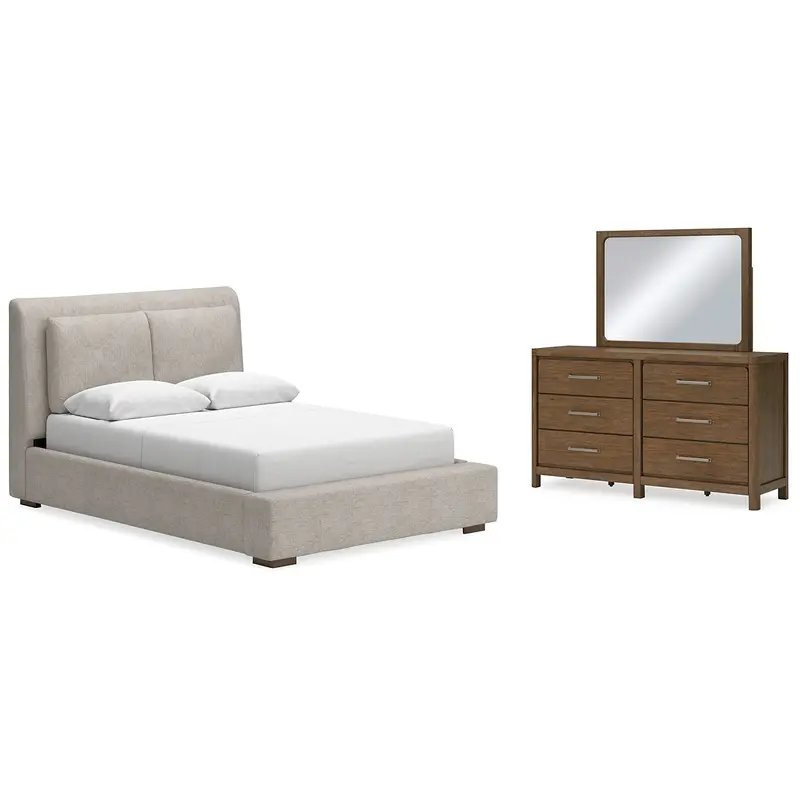 Cabalynn Queen Upholstered Bed with Mirrored Dresser