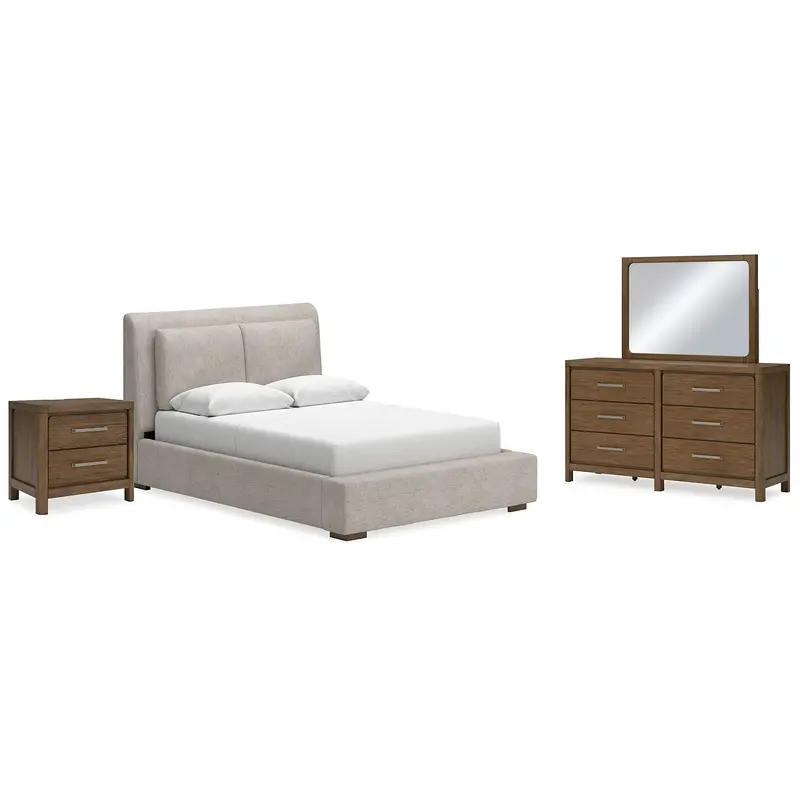 Cabalynn Queen Upholstered Bed with Mirrored Dresser and Nightstand
