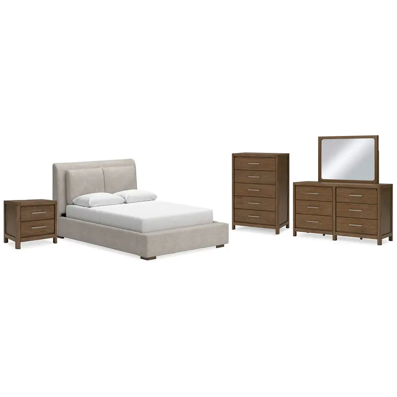 Cabalynn Queen Upholstered Bed with Mirrored Dresser, Chest and Nightstand