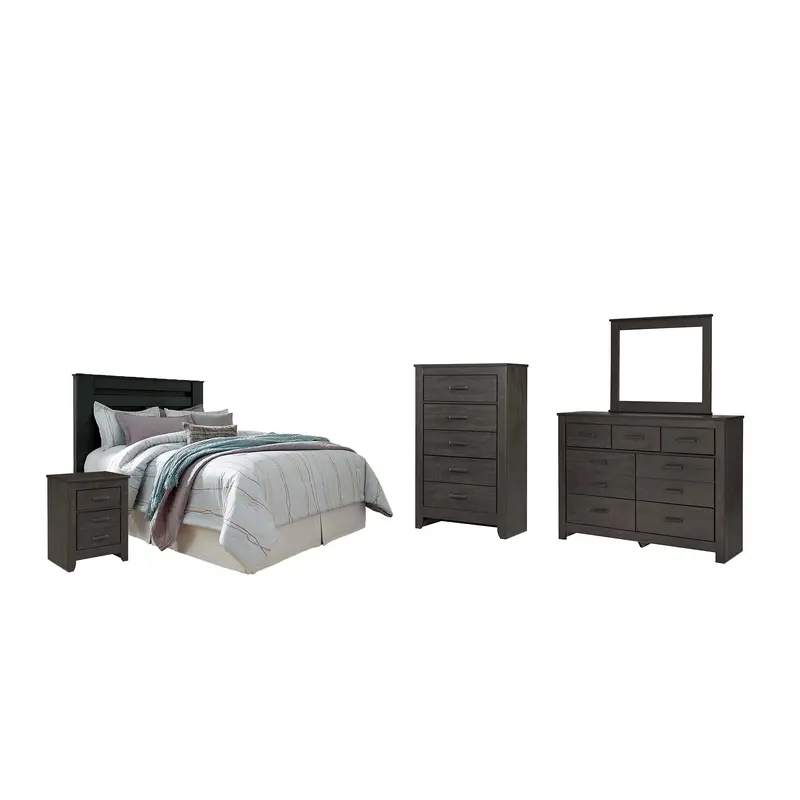 Brinxton King/California King Panel Headboard Bed with Mirrored Dresser, Chest and Nightstand