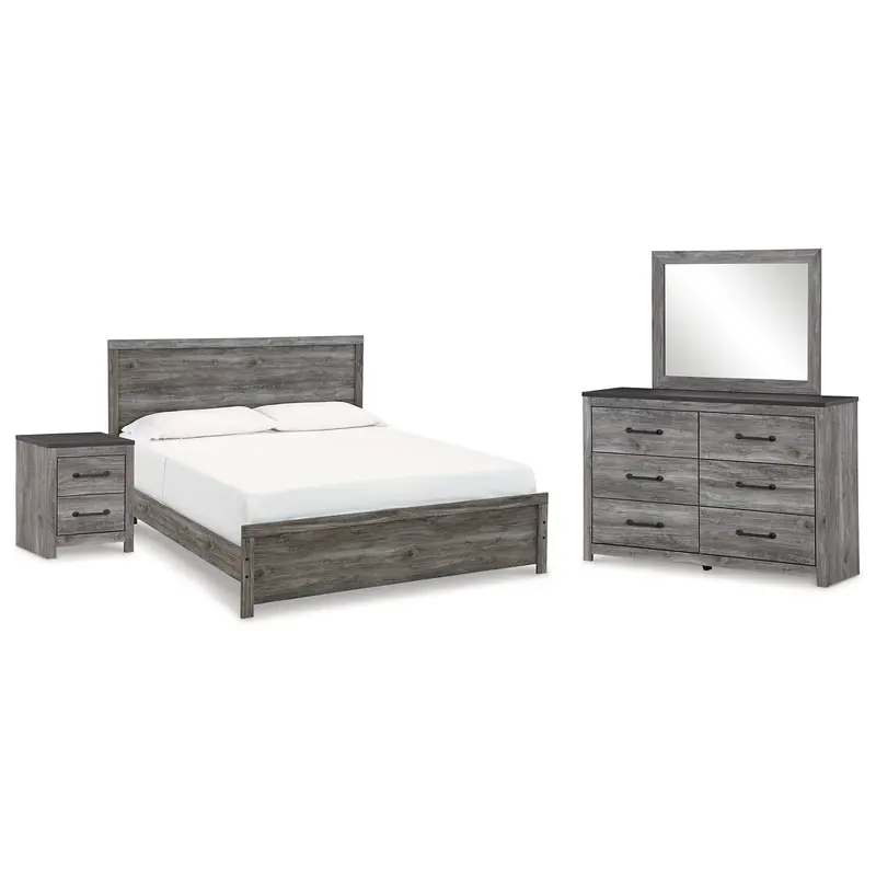 Bronyan King Panel Bed with Mirrored Dresser and Nightstand