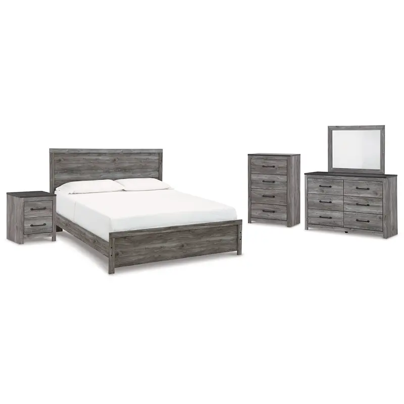 Bronyan King Panel Bed with Mirrored Dresser, Chest and Nightstand