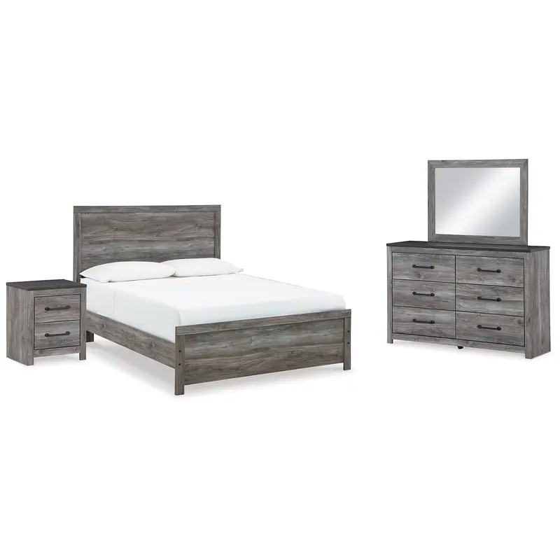 Bronyan Queen Panel Bed with Mirrored Dresser and Nightstand