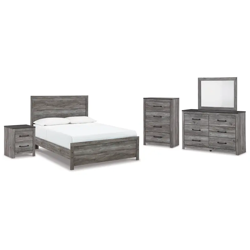 Bronyan Queen Panel Bed with Mirrored Dresser, Chest and Nightstand