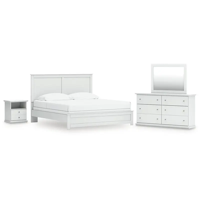 Bostwick Shoals King Panel Bed with Mirrored Dresser and Nightstand