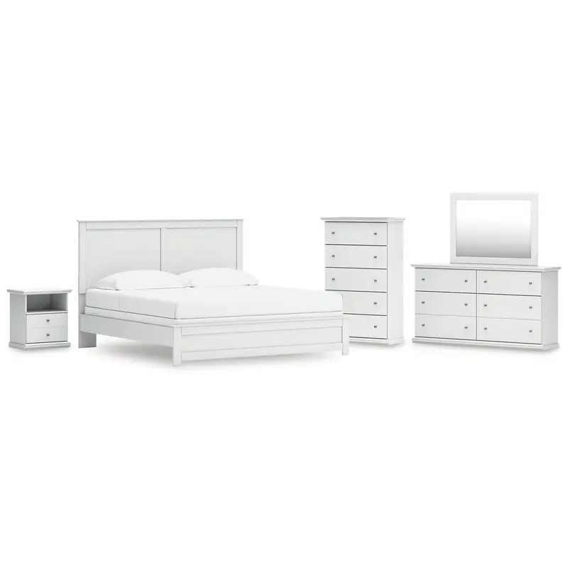 Bostwick Shoals King Panel Bed with Mirrored Dresser, Chest and Nightstand