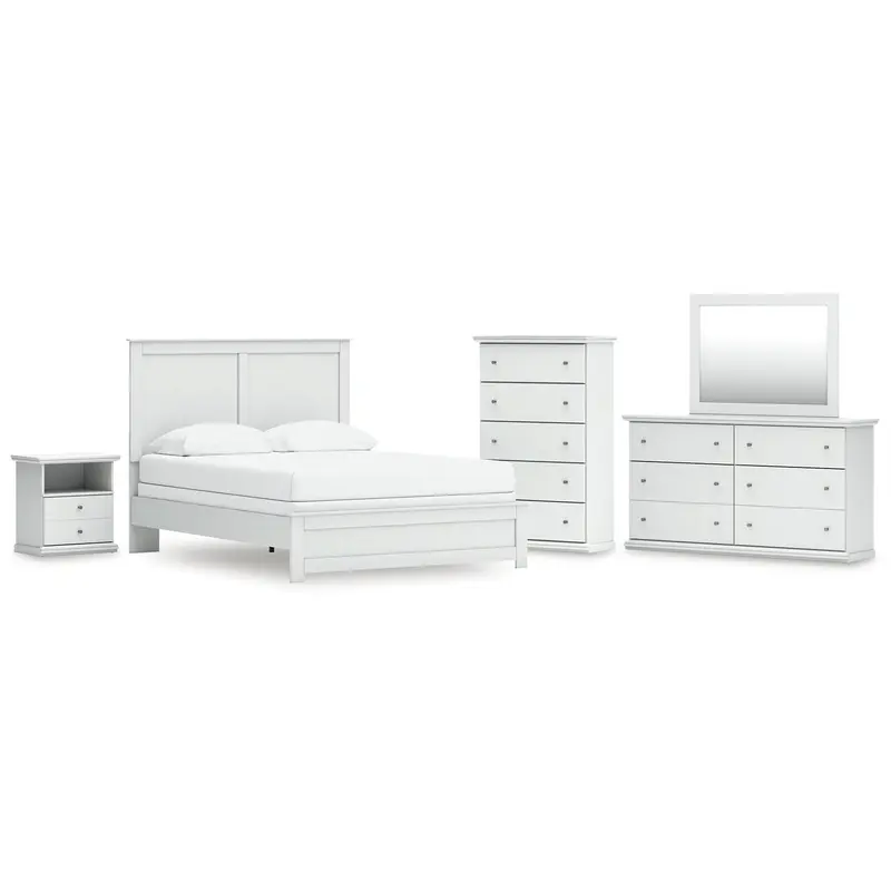 Bostwick Shoals Queen Panel Bed with Mirrored Dresser, Chest and Nightstand