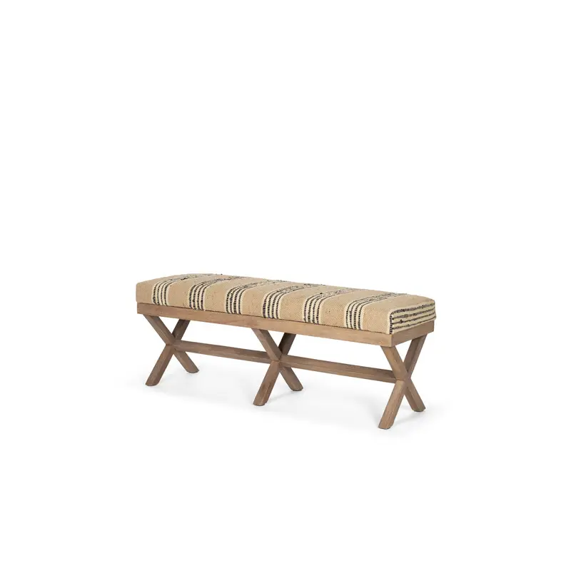 Solis Brown Base Upholstered Beige/Black Stripe Seat Accent Bench