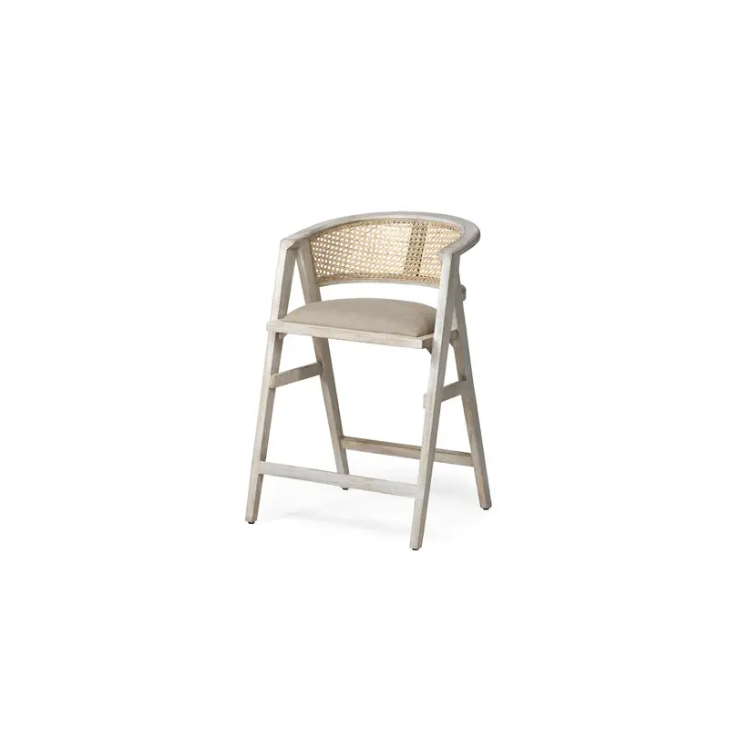 Tabitha 26.75" Seat Height Beige Fabric/Rattan Seat Blonde Wood Frame Counter Stool