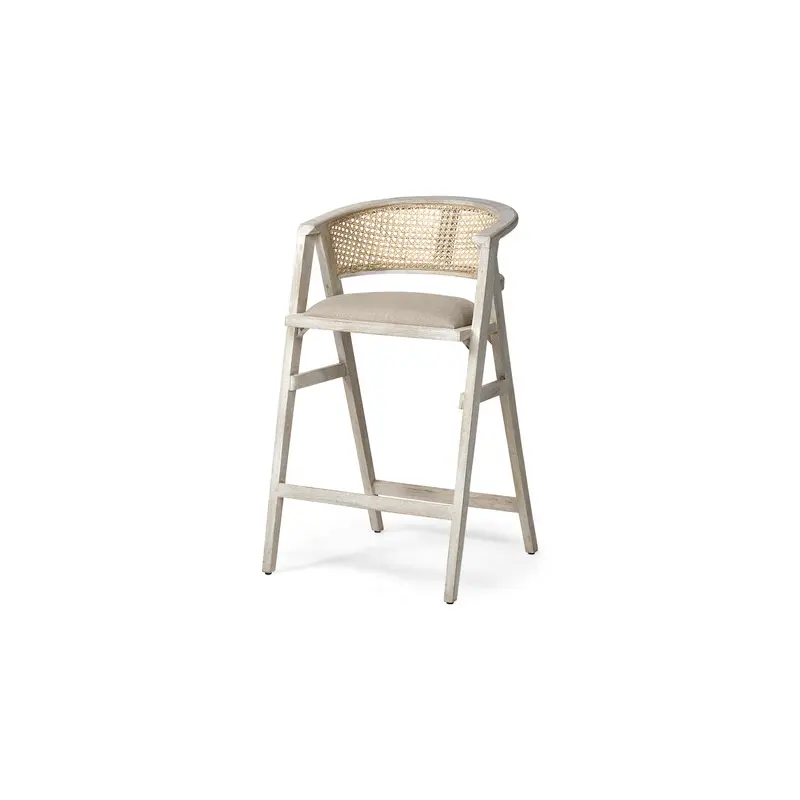 Tabitha 30.75" Seat Height Beige Fabric/Rattan Seat Blonde Wood Frame Bar Stool