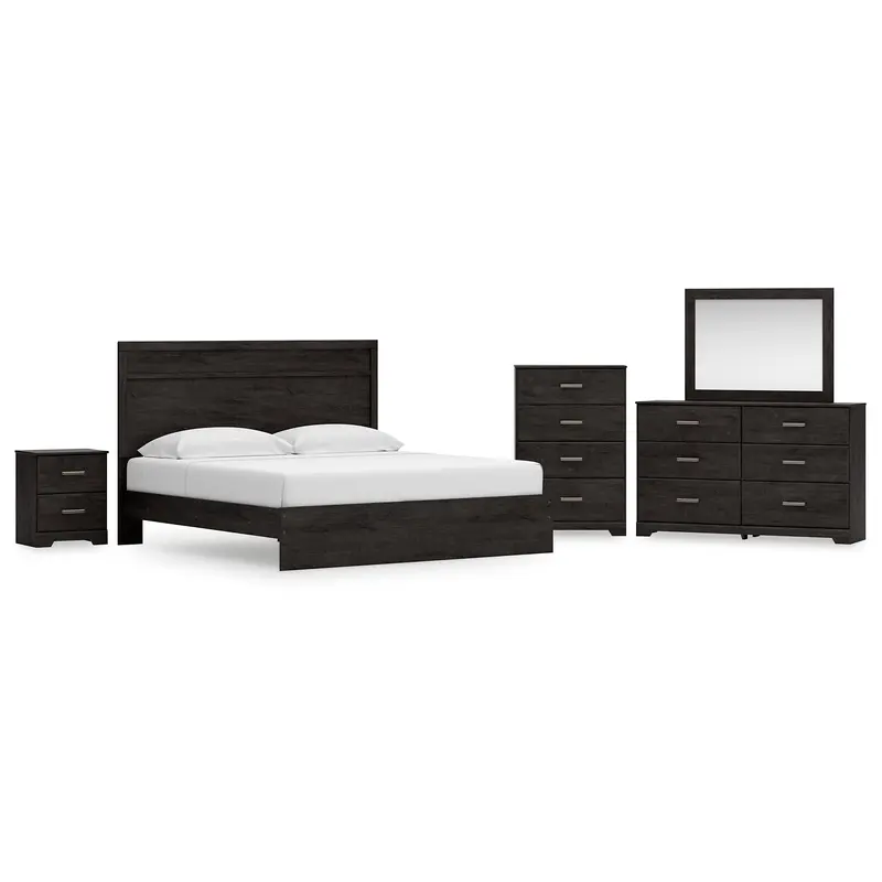 Belachime King Panel Bed with Mirrored Dresser, Chest and Nightstand
