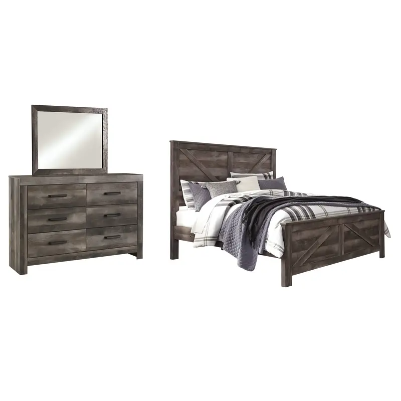 Wynnlow King Crossbuck Panel Bed with Mirrored Dresser