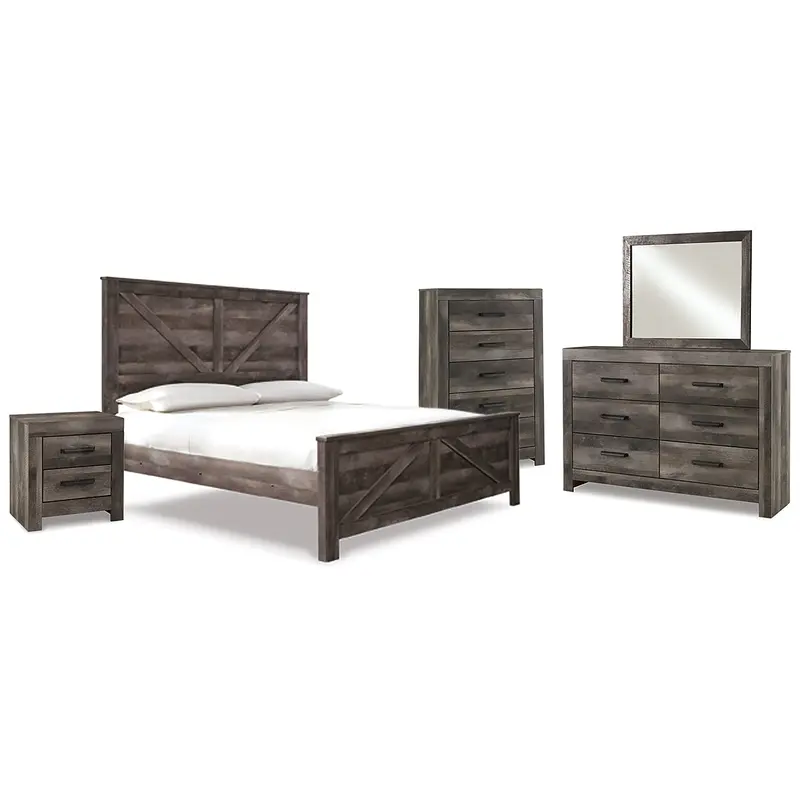 Wynnlow King Crossbuck Panel Bed with Mirrored Dresser, Chest and Nightstand